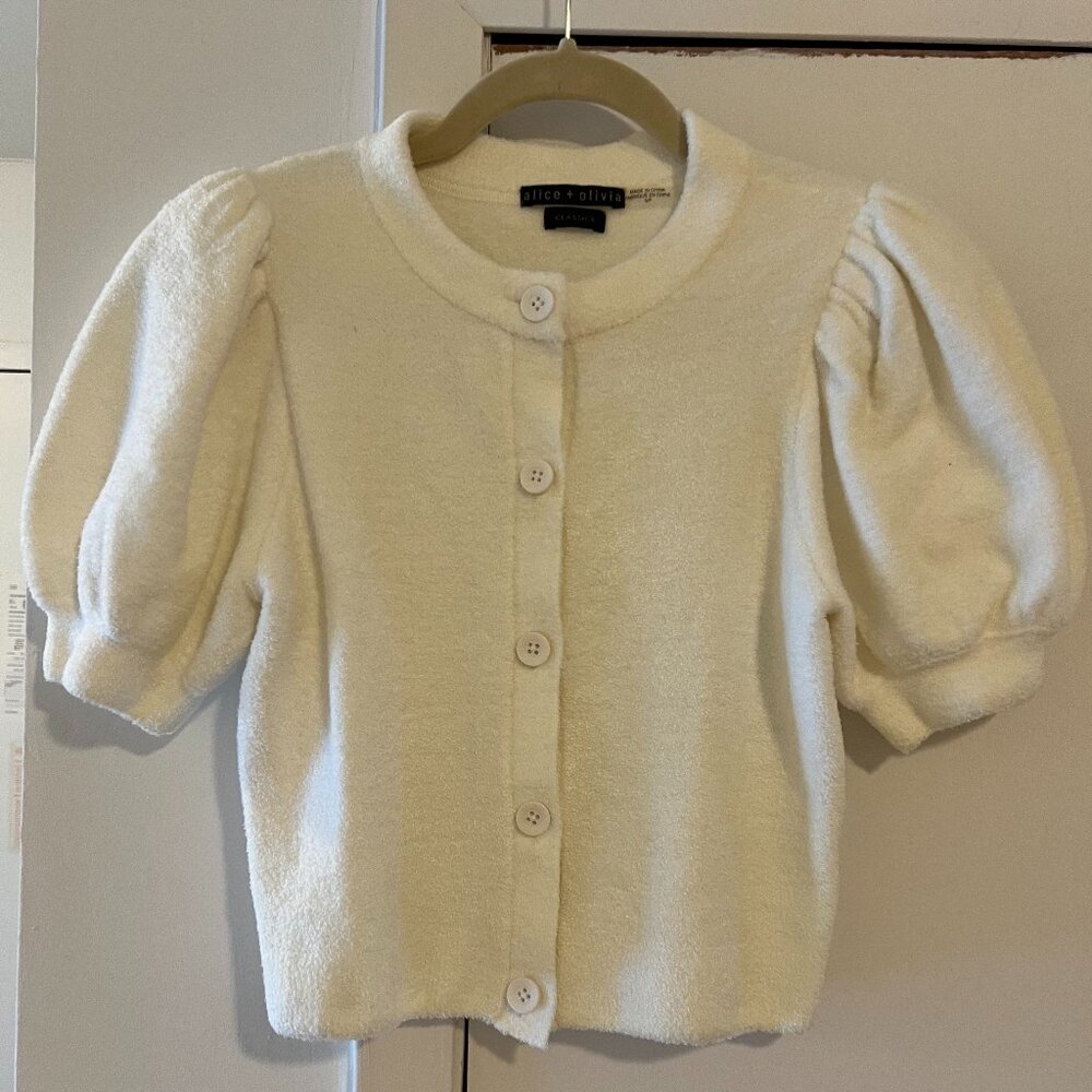 Alice + Olivia White Short Puff Sleeve and Button Cardigan/Sweater - Size Small